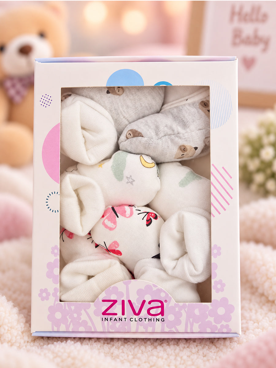 Ziva Premium Baby Booties – Pack of 3 Pairs | Knitted Cotton | Assorted Unisex Prints – Teddy, Butterfly & Cloud & Star Theme (Print & Colour Details: Check Product Description)