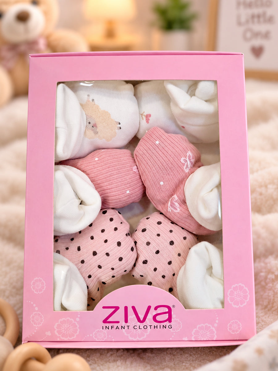 Ziva Premium Baby Booties – Pack of 3 Pairs | Knitted Cotton | Assorted Baby Girl Prints – Pink Dot, Butterfly & Teddy Theme (Print & Colour Details: Check Product Description)