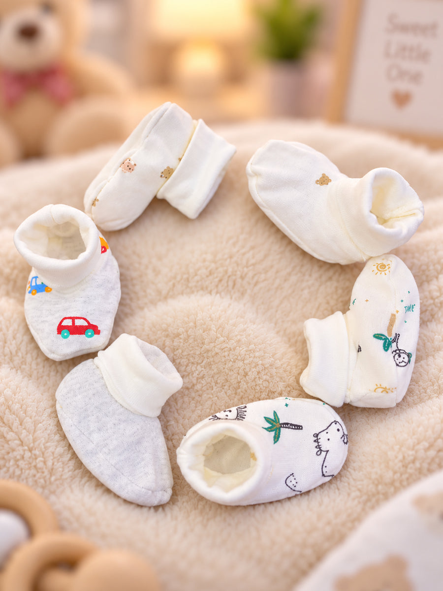 Ziva Premium Baby Booties – Pack of 3 Pairs | Knitted Cotton | Assorted Baby Boy Prints – Vehicle, Jungle & Minimal Theme (Print & Colour Details: Check Product Description)