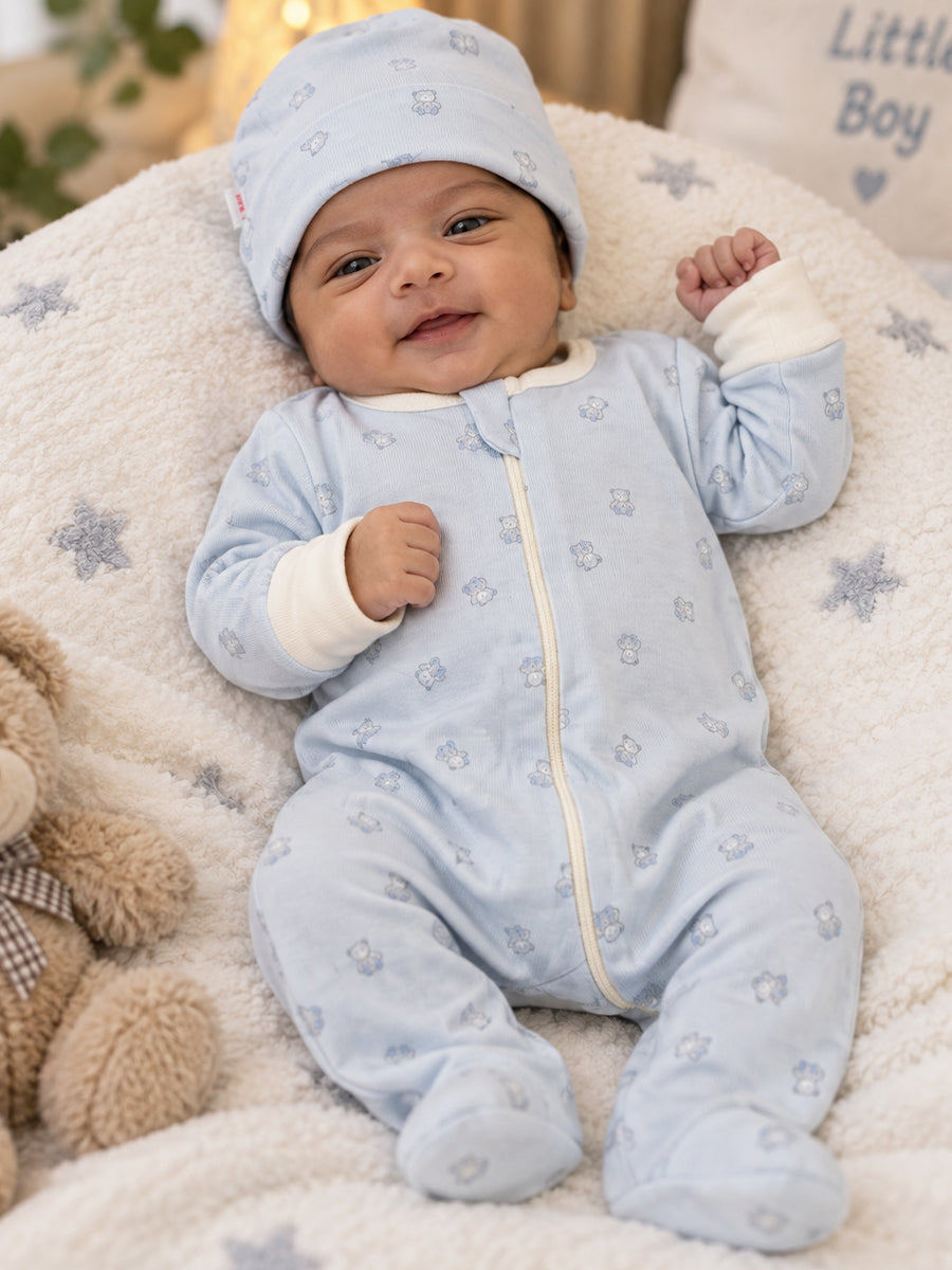 Ziva Baby Sleepsuit with Cap – Powder Blue Tiny Teddy Print | Premium Knitted Cotton | Front Zip | Fold-Over Mittens & Integrated Booties