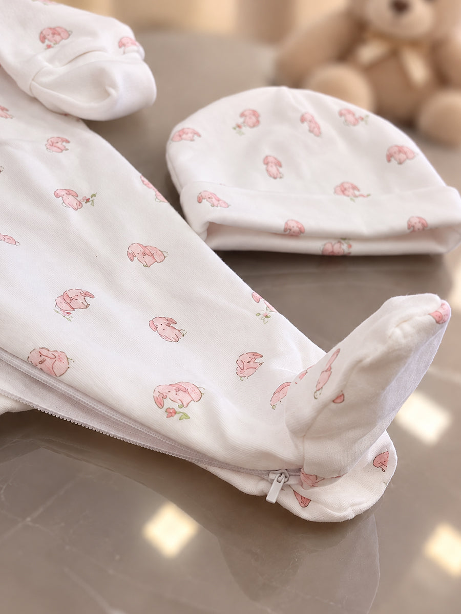 Ziva Baby Sleepsuit with Cap – Off White Tiny Bunny Print | Premium Knitted Cotton | Front Zip | Fold-Over Mittens & Integrated Booties