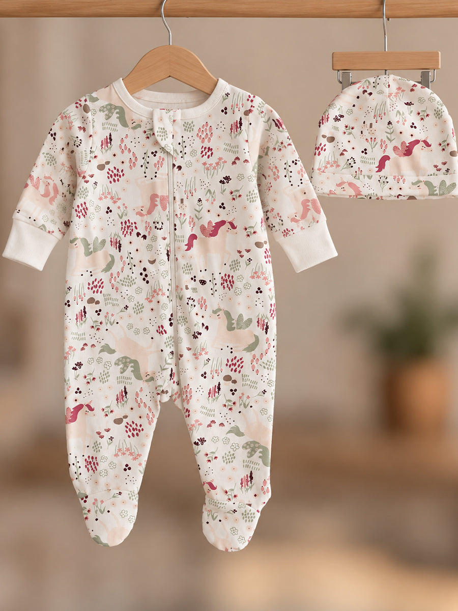 Ziva Baby Sleepsuit with Cap – Off White Unicorn Garden Print | Premium Knitted Cotton | Front Zip | Fold-Over Mittens & Integrated Booties