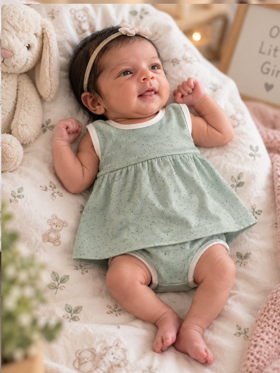 Ziva Baby Girl Frock with Pantie – Sage Green Speckled Print | Premium Knitted Cotton | Back Adjustable Tie | 2-Piece Set