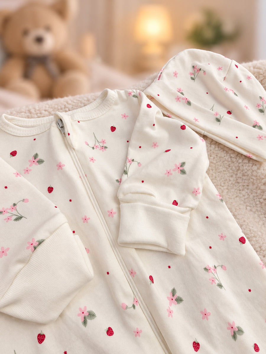 Ziva Baby Sleepsuit with Cap – Off White Tiny Strawberry Blossom Print | Premium Knitted Cotton | Front Zip | Fold-Over Mittens & Integrated Booties