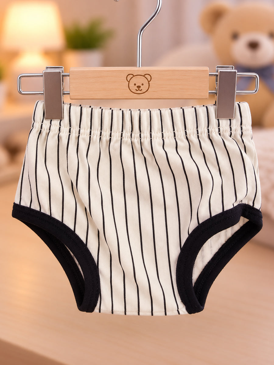 Ziva Baby Girl Frock with Pantie – Off White & Black Vertical Stripe | Elegant Lace Yoke | Premium Knitted Cotton | 2-Piece Set