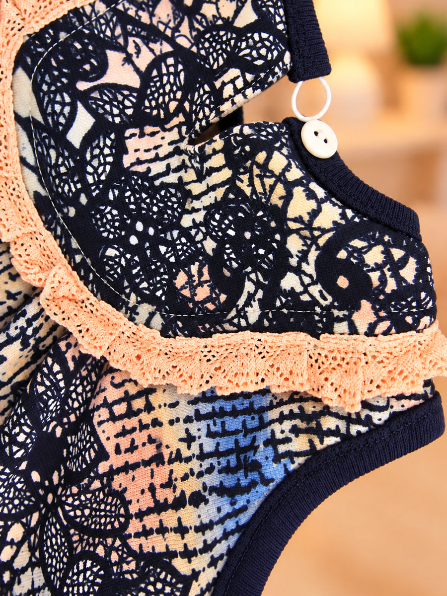 Ziva Baby Girl Frock with Pantie – Blush Peach & Navy Floral Lace Print | Premium Knitted Cotton | Lace Yoke | 2-Piece Set