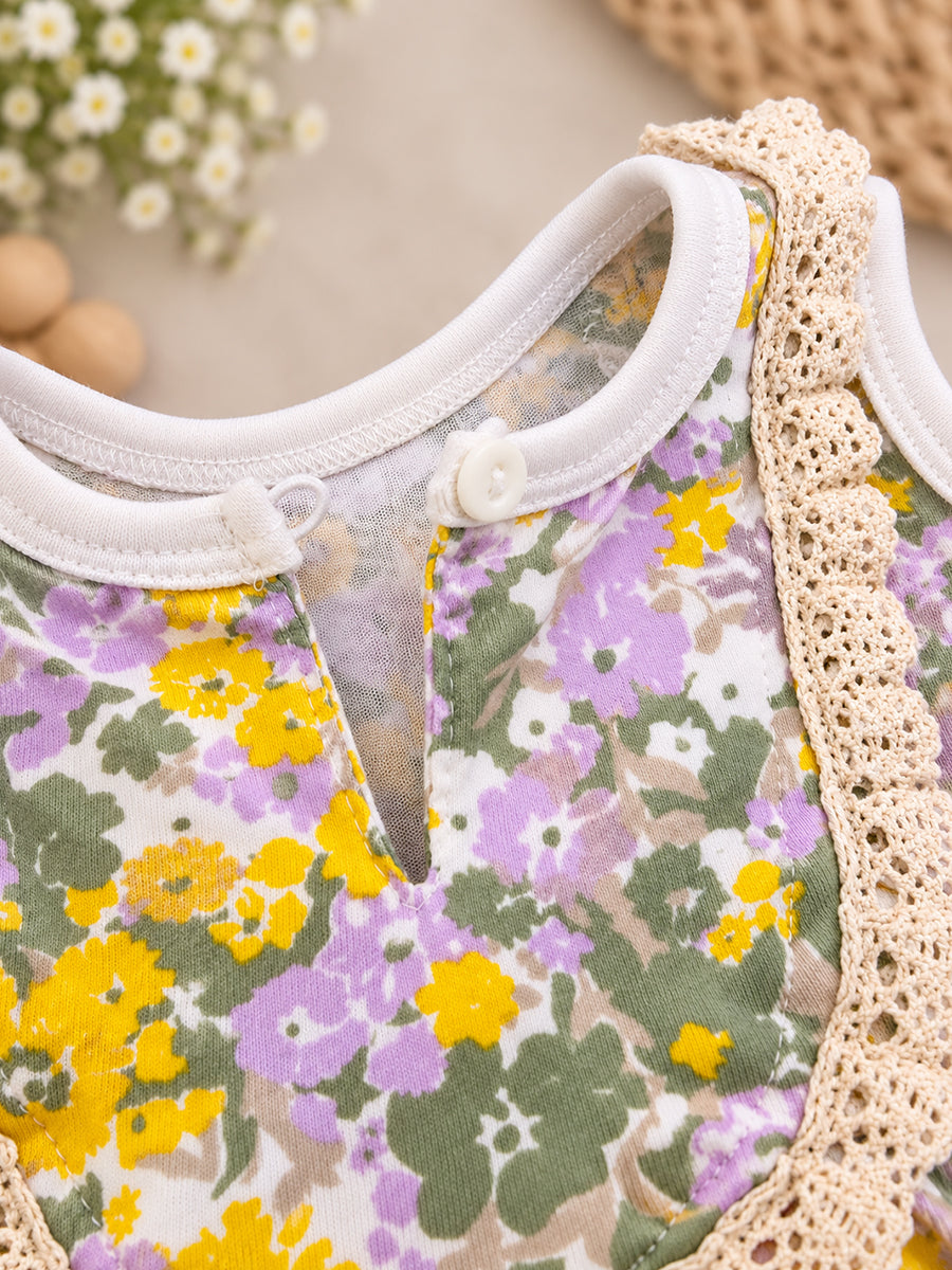 Ziva Baby Girl Frock with Pantie – Pastel Yellow & Lilac Floral Print | Premium Knitted Cotton | Cream Lace Yoke | 2-Piece Set