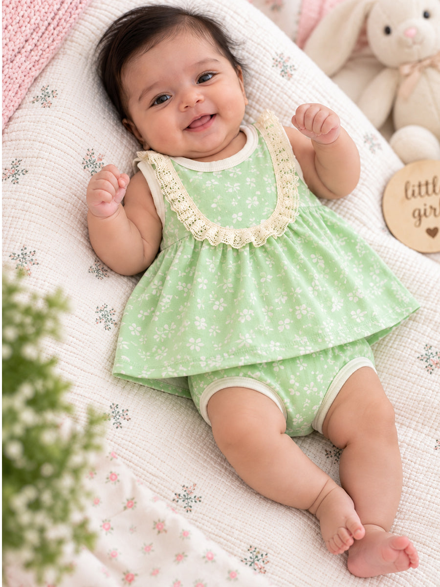 Ziva Baby Girl Frock with Pantie – Mint Green Tiny Floral Print | Premium Knitted Cotton | White Lace Yoke | 2-Piece Set