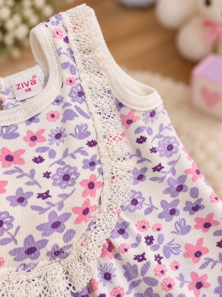 Ziva Baby Girl Frock with Pantie – Lavender & Pink Floral Print | Premium Knitted Cotton | White Lace Yoke | 2-Piece Set
