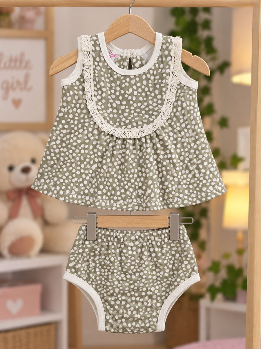 Ziva Baby Girl Frock with Pantie – Olive Sage White Dot Print | Premium Knitted Cotton | White Lace Yoke | 2-Piece Set