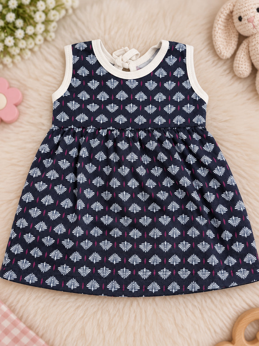 Ziva Baby Girl Frock with Pantie – Navy Blue Ethnic Motif Print | Premium Knitted Cotton | Back Adjustable Knot Tie | 2-Piece Set