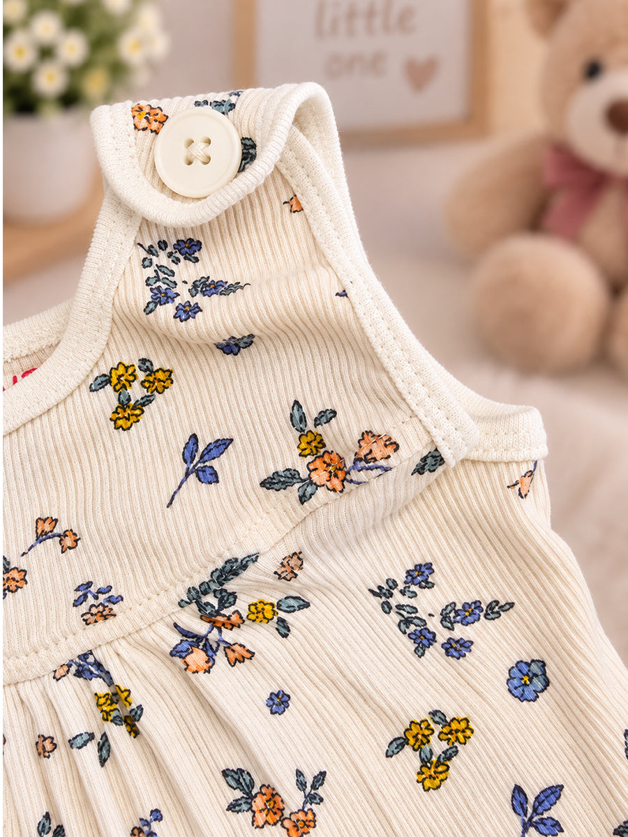 Ziva Baby Girl Frock with Pantie – Soft Ivory Tiny Floral Print | Premium Knitted Cotton | Shoulder Button & Front Pockets | 2-Piece Set
