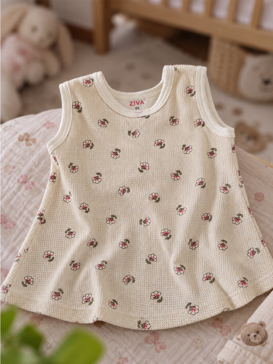 Ziva Baby Girl Frock with Pantie – Soft Cream Tiny Blossom Print | Premium Knitted Cotton | Shoulder Buttons & Front Pockets | 2-Piece Set