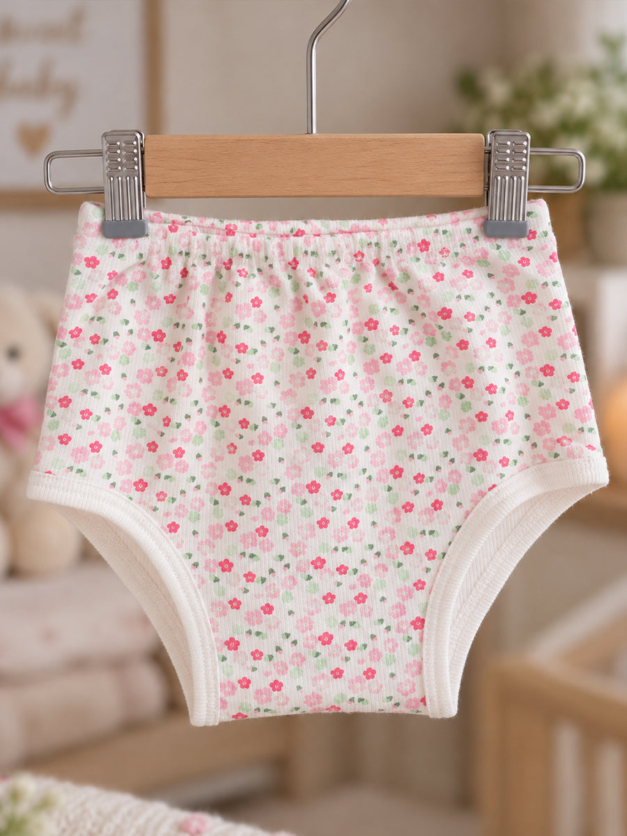 Ziva Baby Girl Frock with Pantie – Soft Cream Tiny Pink Floral Print | Premium Knitted Cotton | Shoulder Buttons & Front Pockets | 2-Piece Set