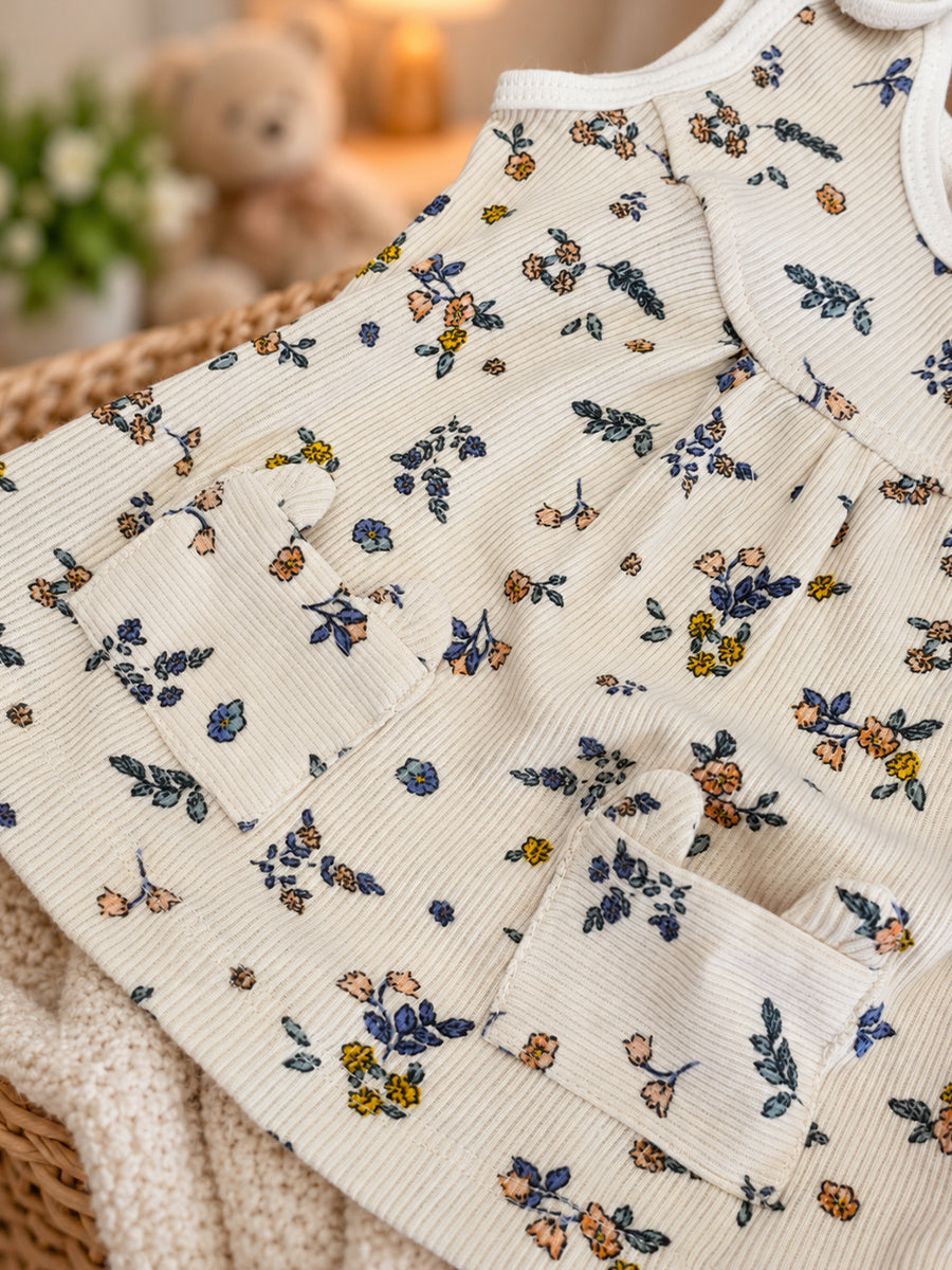 Ziva Baby Girl Frock with Pantie – Soft Cream Blue & Peach Floral Print | Premium Knitted Cotton | Shoulder Buttons & Front Pockets | 2-Piece Set