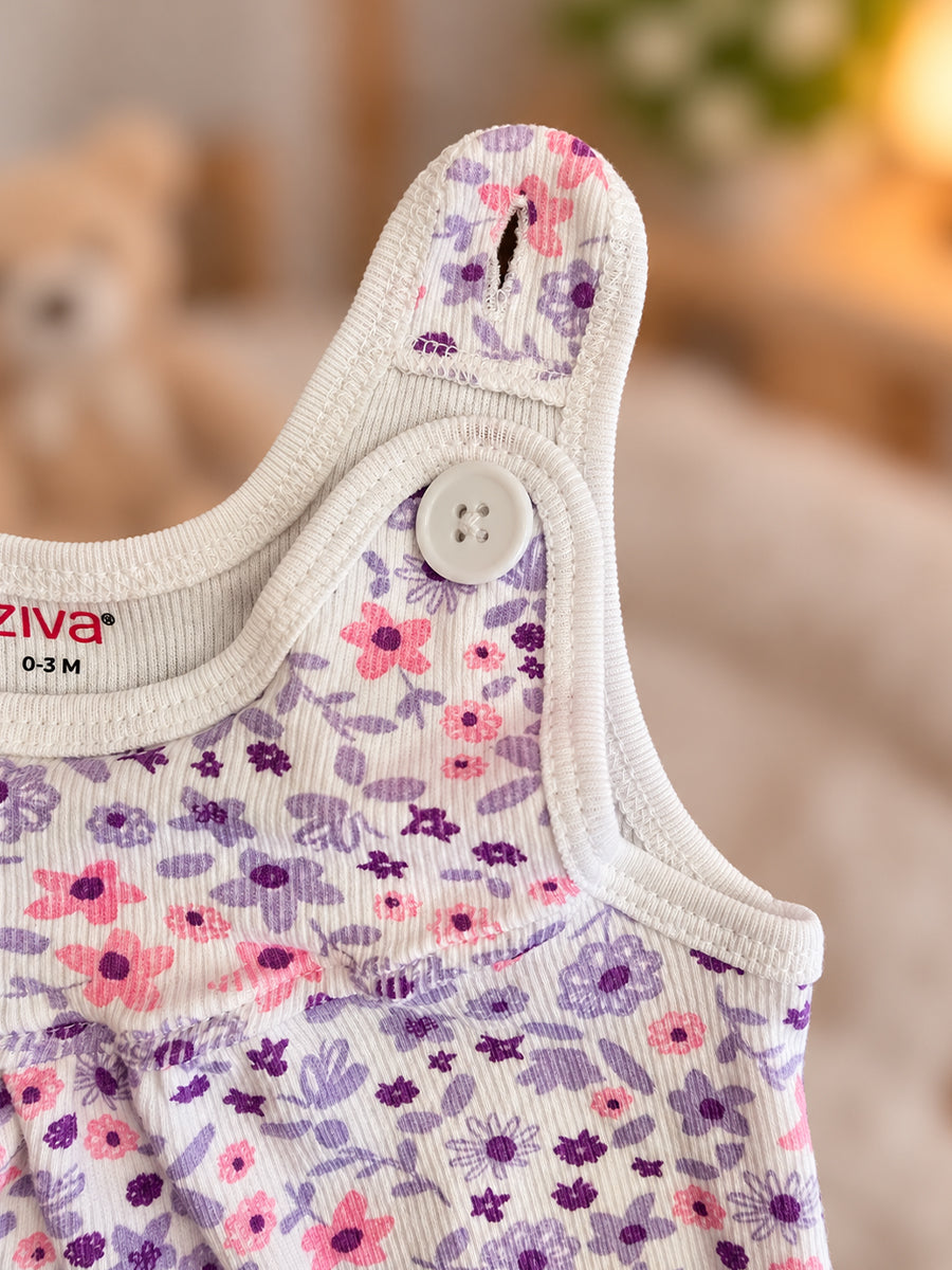 Ziva Baby Girl Frock with Pantie – Soft Cream Lavender & Pink Floral Print | Premium Knitted Cotton | Shoulder Buttons & Front Pockets | 2-Piece Set
