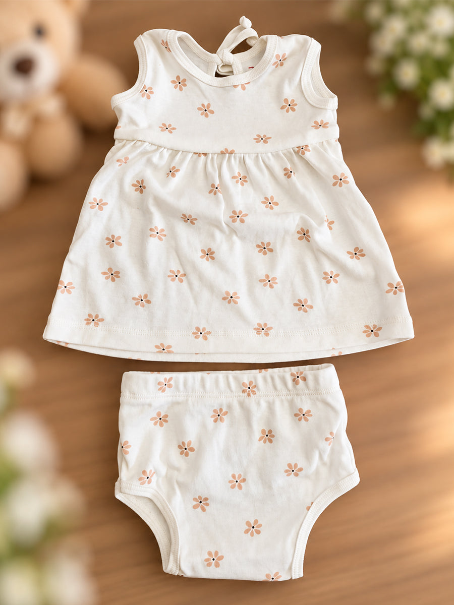 Ziva Baby Girl Frock with Pantie – Off White Beige Daisy Print | Premium Knitted Cotton | Back Knot Tie | 2-Piece Set