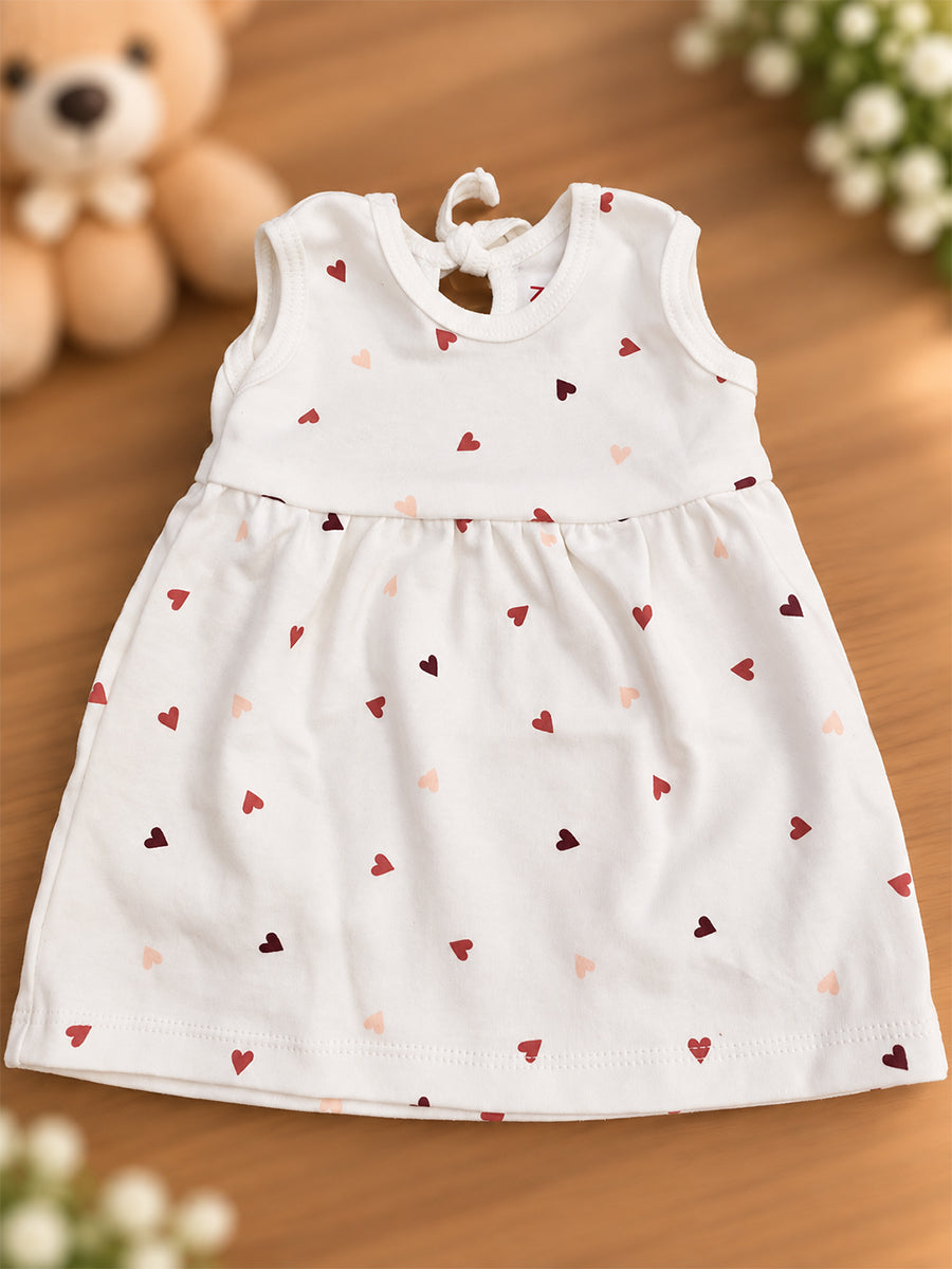 Ziva Baby Girl Frock with Pantie – Off White Multicolour Tiny Heart Print | Premium Knitted Cotton | Back Knot Tie | 2-Piece Set
