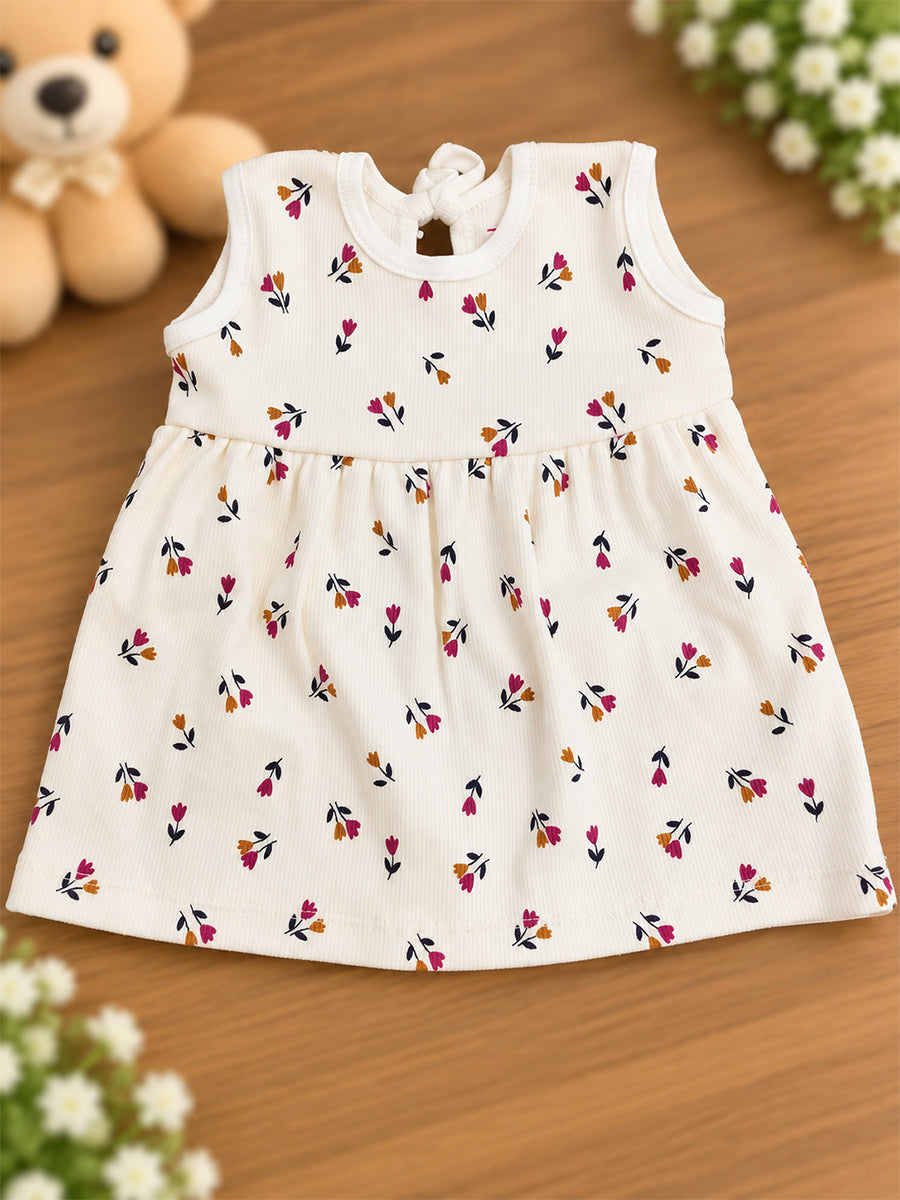 Ziva Baby Girl Frock with Pantie – Off White Tiny Tulip Floral Print | Premium Knitted Cotton | Back Knot Tie | 2-Piece Set