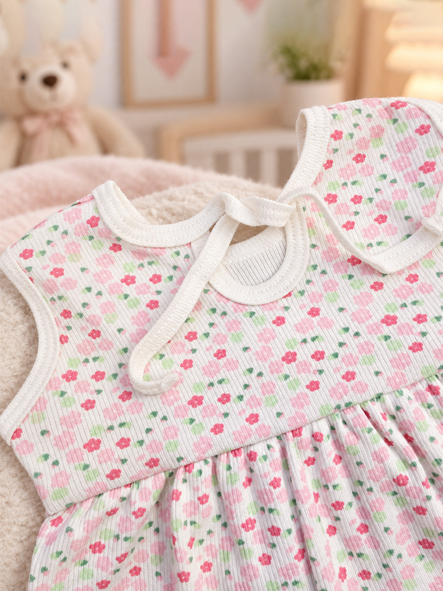 Ziva Baby Girl Frock with Pantie – Off White Pink Blossom Print | Premium Knitted Cotton | Back Knot Tie | 2-Piece Set