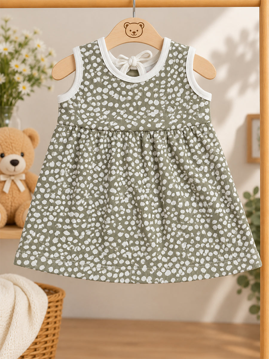 Ziva Baby Girl Frock with Pantie – Olive Sage White Pebble Print | Premium Knitted Cotton | Back Knot Tie | 2-Piece Set