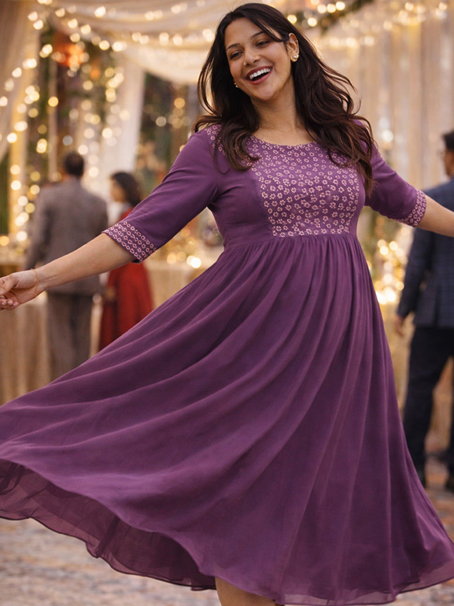 ZIVA Maternity & Feeding Elegant Purple Party Wear Dress with Pleated Yoke & D-Net Sleeves