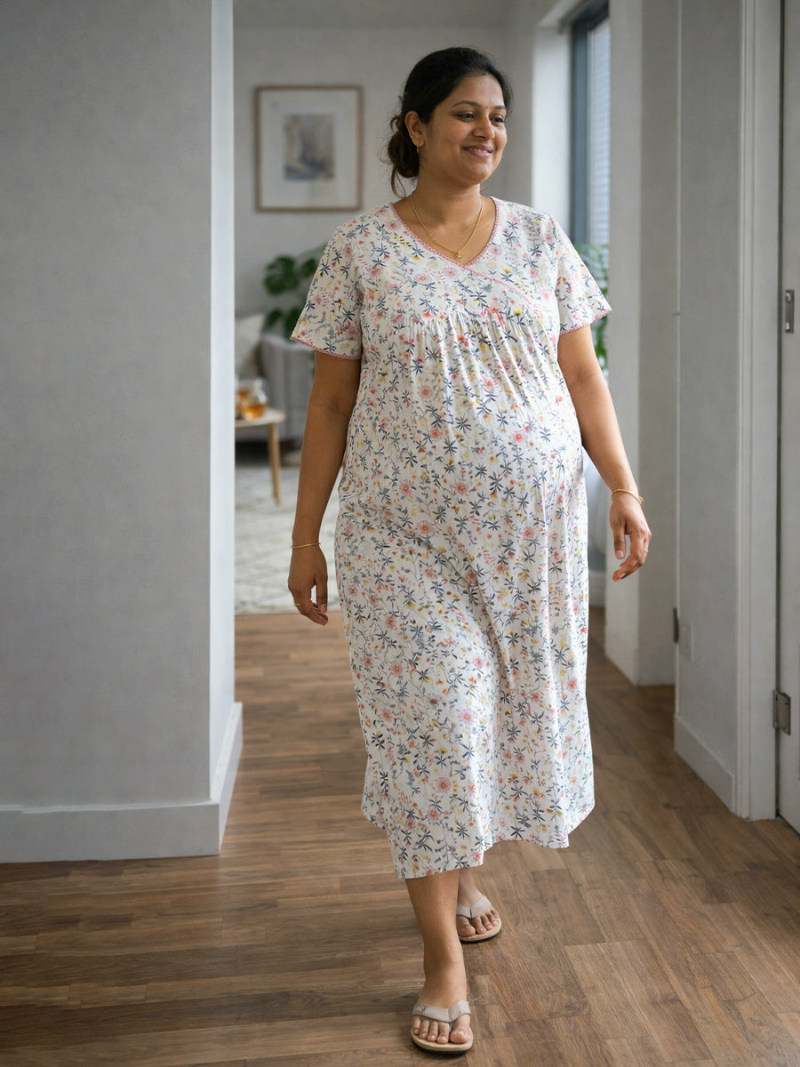 Ziva Cotton Maternity & Feeding Short Nighty with Pocket and Two Side Invisible Feeding Zips  – Pink & Yellow Floral