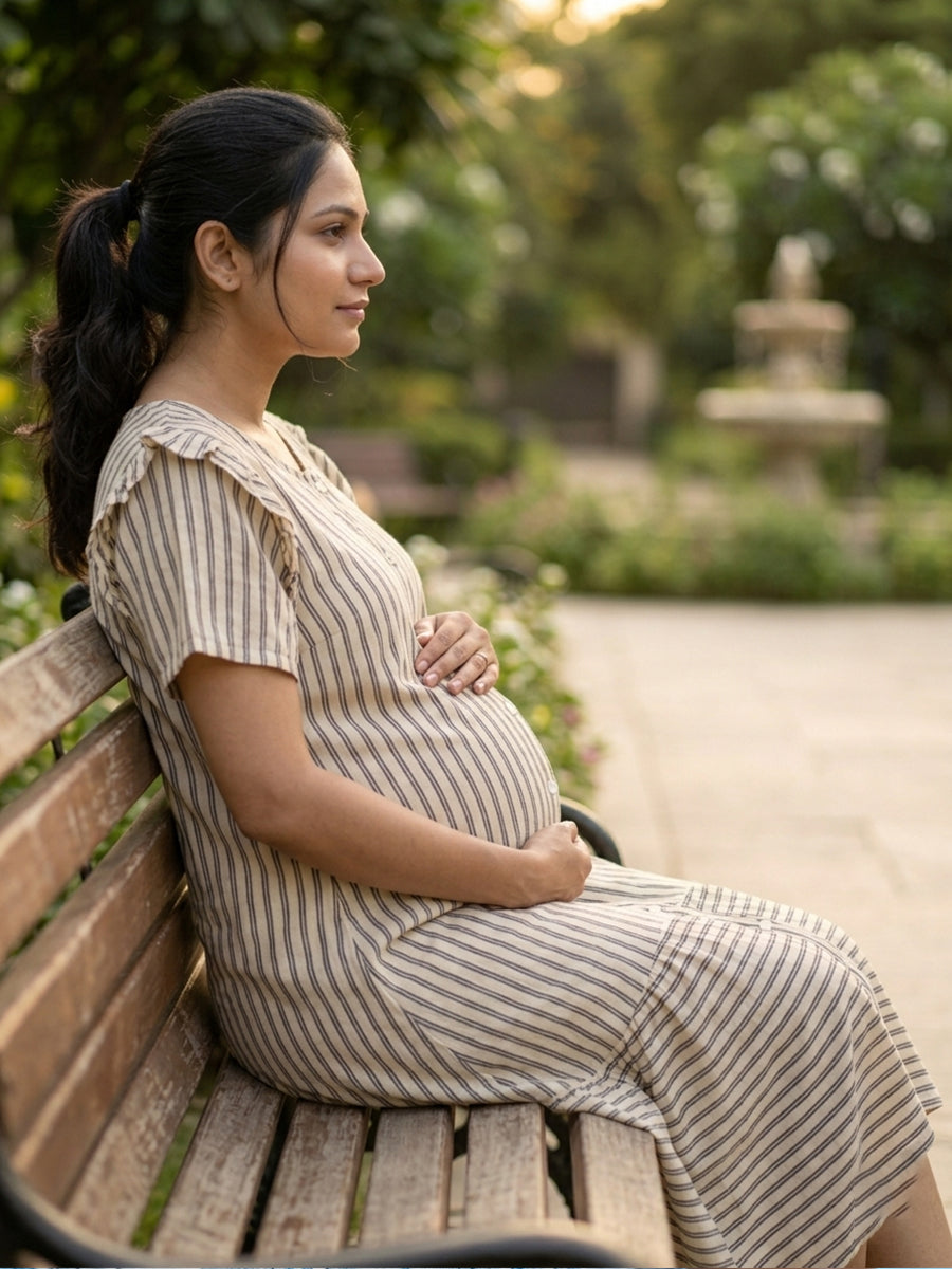 Ziva Maternity & Feeding Full Open Short Nighty with Full Button & Pocket – Cream & Black Stripes