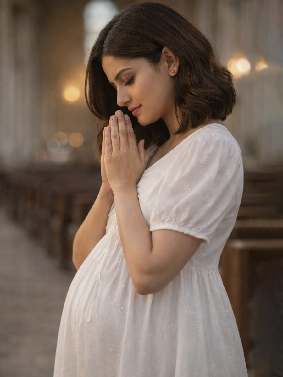 Ziva White Cotton Maternity & Feeding Dress with Bead & Thread Work – Easter Edition | Festive Collection