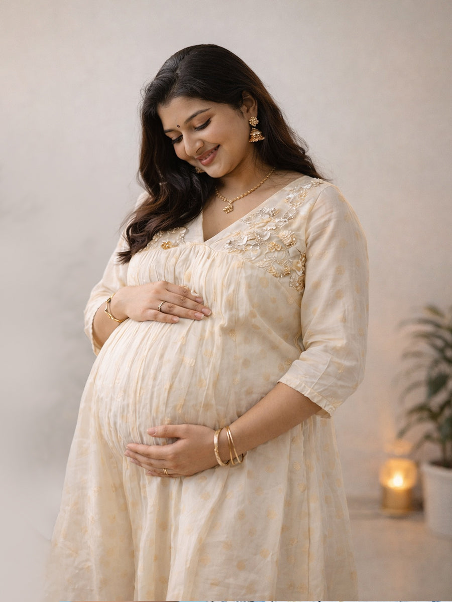 Ziva Maternity & Feeding Cotton Midi Dress with Concealed Zip – Off-White Gold Polka Vishu & Festive Collection