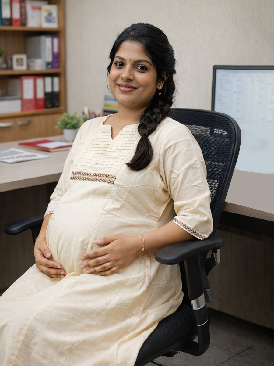 Ziva Maternity & Feeding Cotton Midi Dress with Lace Detail & Concealed Zip – Off-White Vishu & Festive Collection