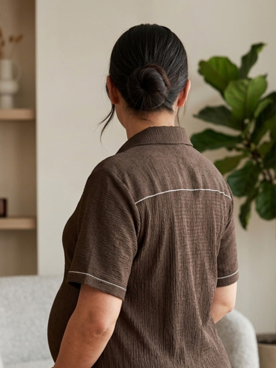 Ziva Maternity & Feeding Crushed Fabric A-Line Dress with Zip & Pocket – Coffee Brown