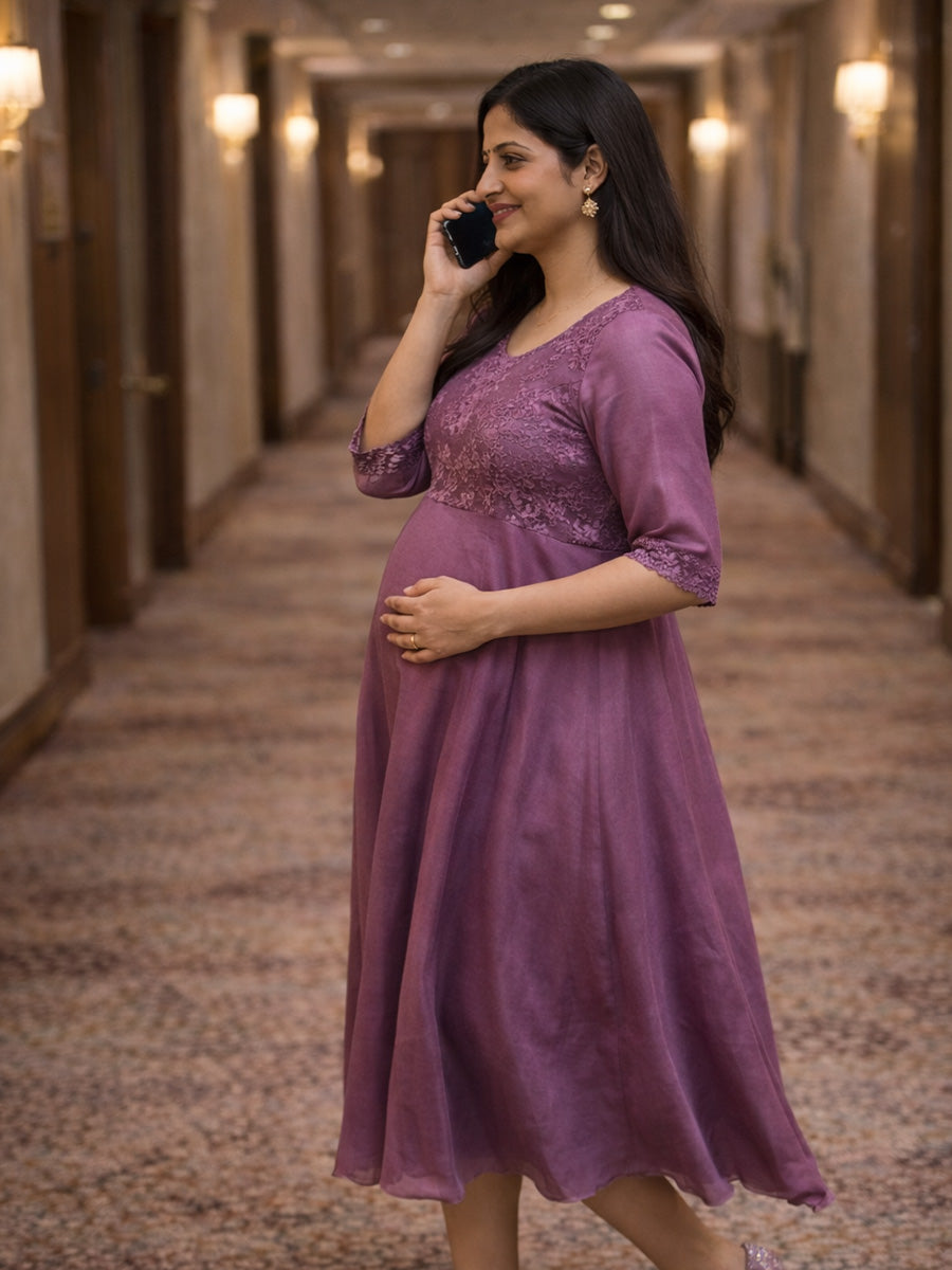 ZIVA Elegant Purple Maternity & Feeding Multi-Purpose Party Wear Dress with Princess Yoke & D-Net Sleeves