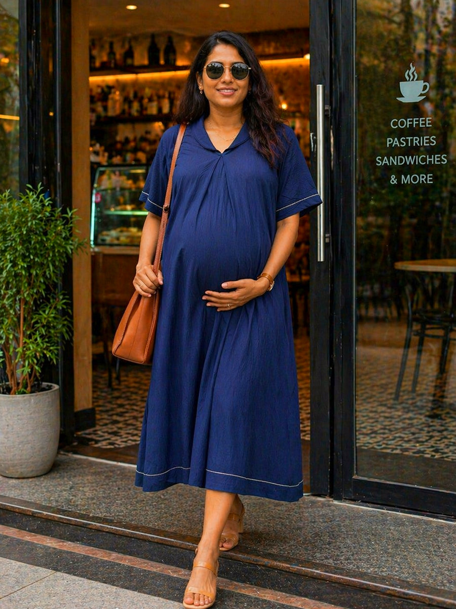 Ziva Maternity & Feeding A-Line Dress with Zip & Pocket – Deep Blue