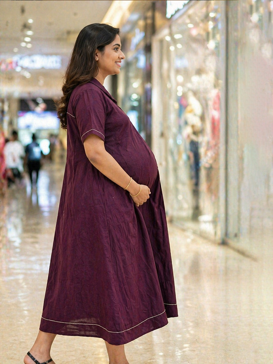 Ziva Maternity & Feeding  A-Line Dress with Zip & Pocket – Maroon