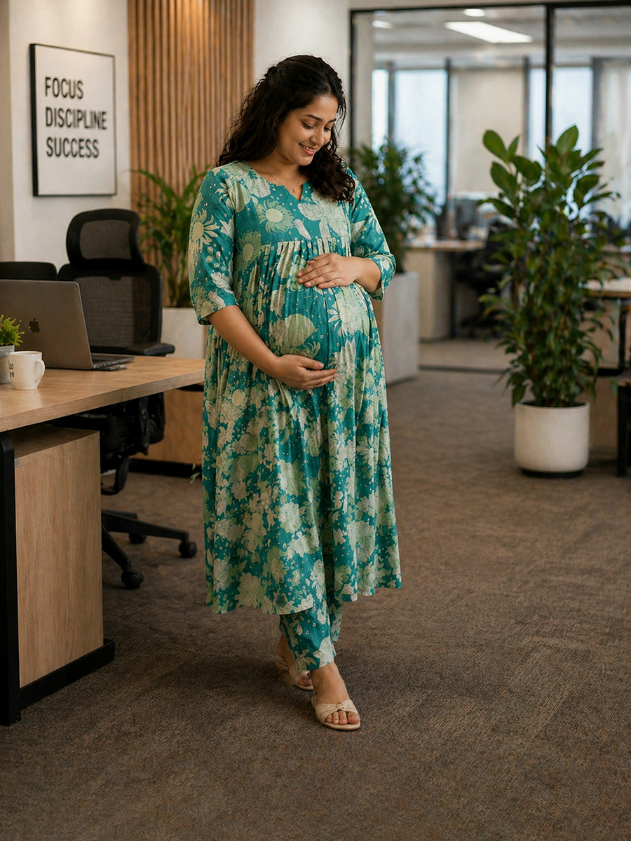 Ziva Maternity & Feeding Ethnic Co-ord Set with Nursing Zip & Wide-Leg Adjustable Pant – Green Floral