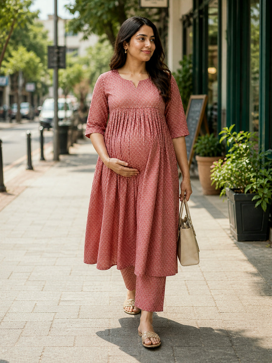 Ziva Maternity & Feeding Ethnic Co-ord Set with Nursing Zip & Wide-Leg Adjustable Pant – Dusty Rose Gold Print