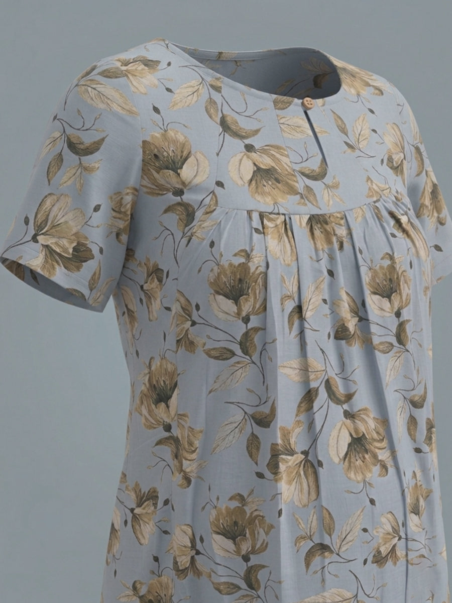 Ziva Maternity & Feeding Cotton Short Nighty with Zip & Pocket – Powder Blue Floral