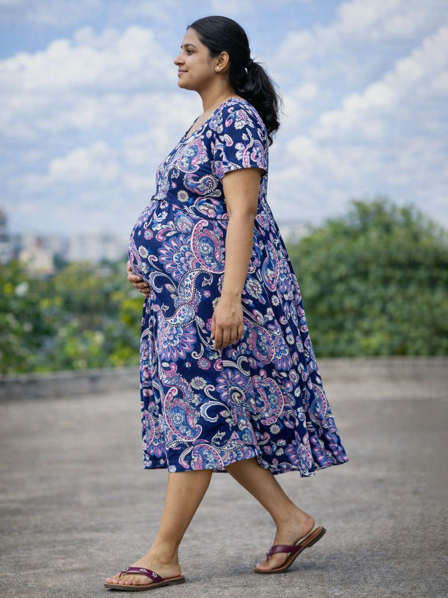 ZIVA Navy Paisley Zipless Maternity & Feeding Dress with Adjustable Tie and Side Pocket