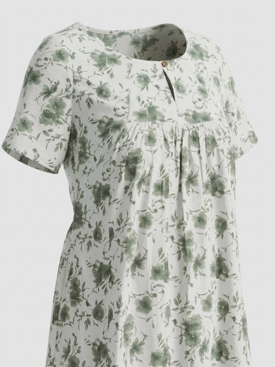 Ziva Maternity & Feeding Cotton Short Nighty with Zip & Pocket – White & Green Ditsy Floral