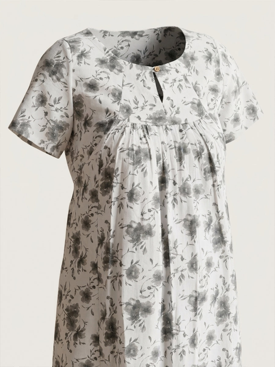 Ziva Maternity & Feeding Cotton Short Nighty with Zip & Pocket – White & Grey Ditsy Floral