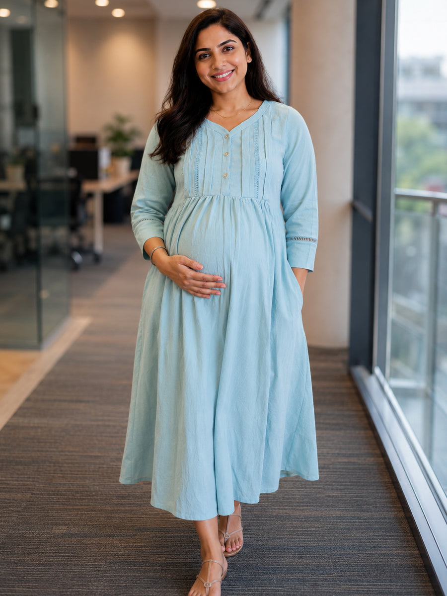 Ziva Maternity & Feeding Crinkle Textured Dress with Invisible Feeding Zip & Pocket – Light Teal Blue
