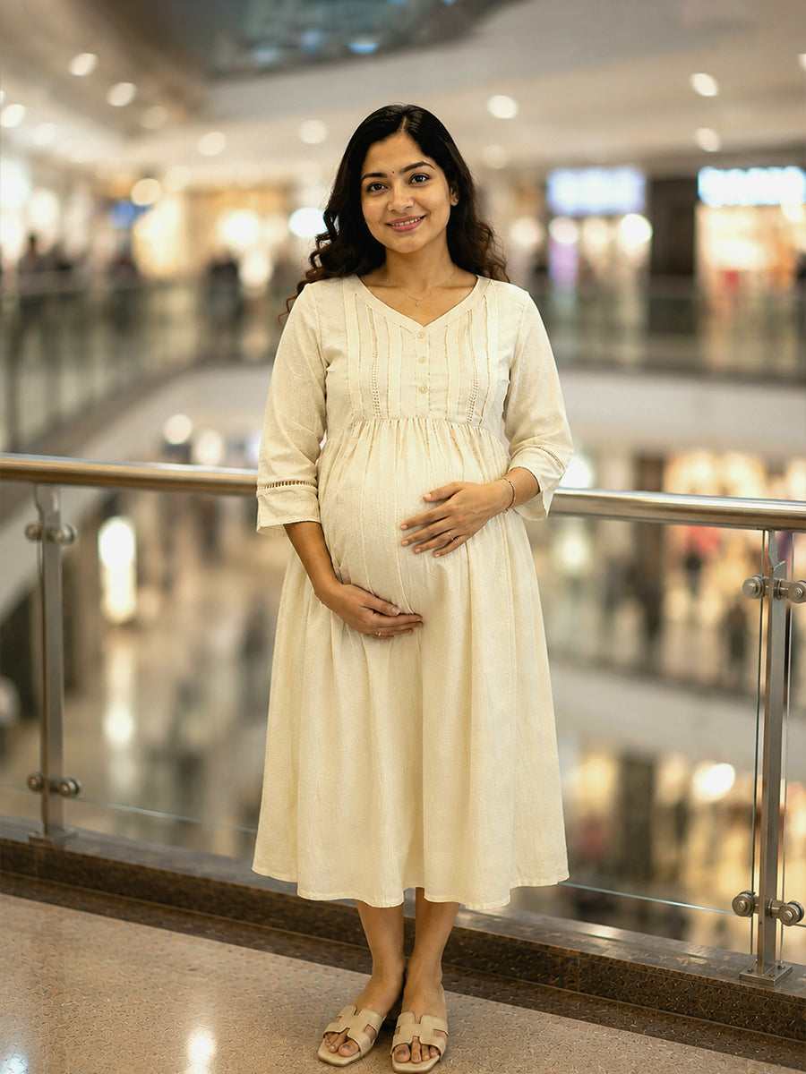 Ziva Maternity & Feeding Crinkle Textured Dress with Invisible Feeding Zip & Pocket – Cream