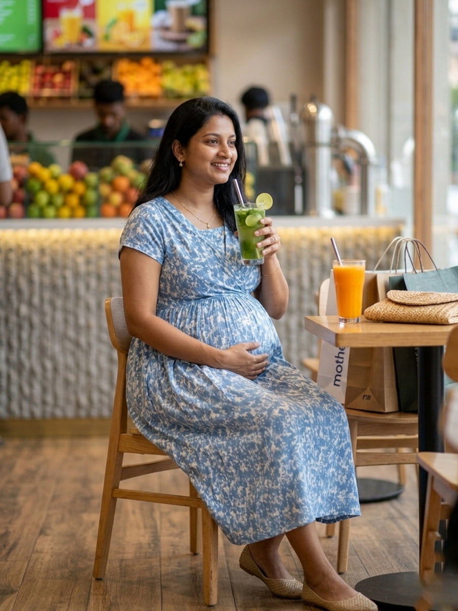 Ziva Maternity & Feeding Knitted Cotton Midi Dress with Zipless Feeding Access & Pocket – Steel Blue Abstract Floral