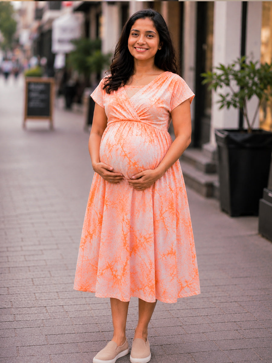 Ziva Maternity & Feeding Knitted Cotton Midi Dress with Zipless Feeding Access & Pocket – Orange Tie-Dye