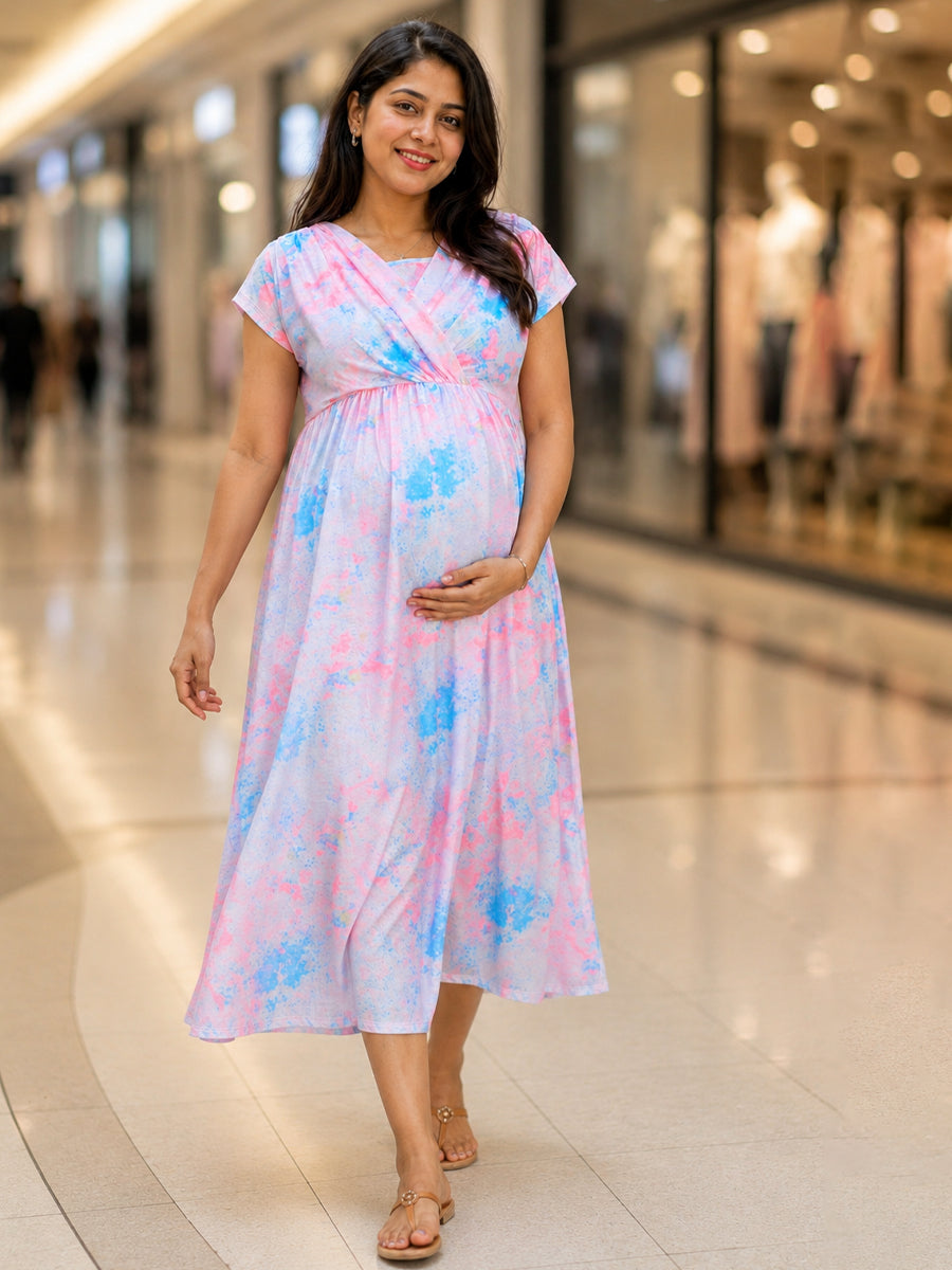 Ziva Maternity & Feeding Knit Cotton Midi Dress with Zipless Feeding Access & Pocket – Neon Peach Multi Tie-Dye