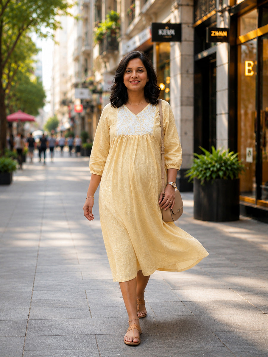 Ziva Maternity & Feeding Crushed Textured Shimmer Fabric Dress with Invisible Feeding Zip & Side Pocket – Yellow