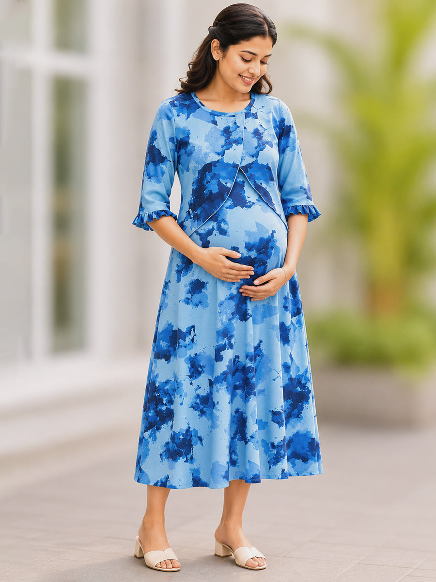 Ziva Maternity & Feeding Knitted Cotton Maxi Dress with Zipless Feeding Access & Pocket – Light Blue Abstract Splash Print