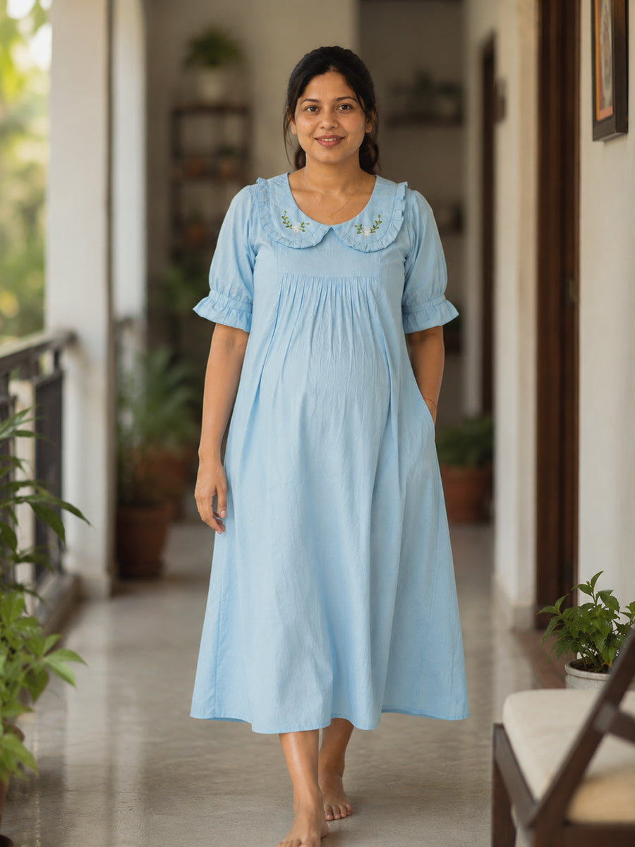 Ziva Maternity & Feeding Cotton Short Frock Nighty with Elegant Embroidered Peter Pan Collar, Invisible Feeding Zips & Pocket – Light Blue