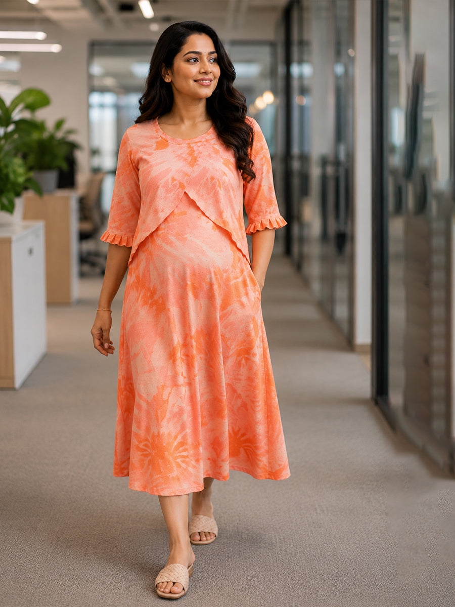 Ziva Maternity & Feeding Knitted Cotton Maxi Dress with Zipless Feeding Access & Pocket – Muted Peach Orange Tie-Dye